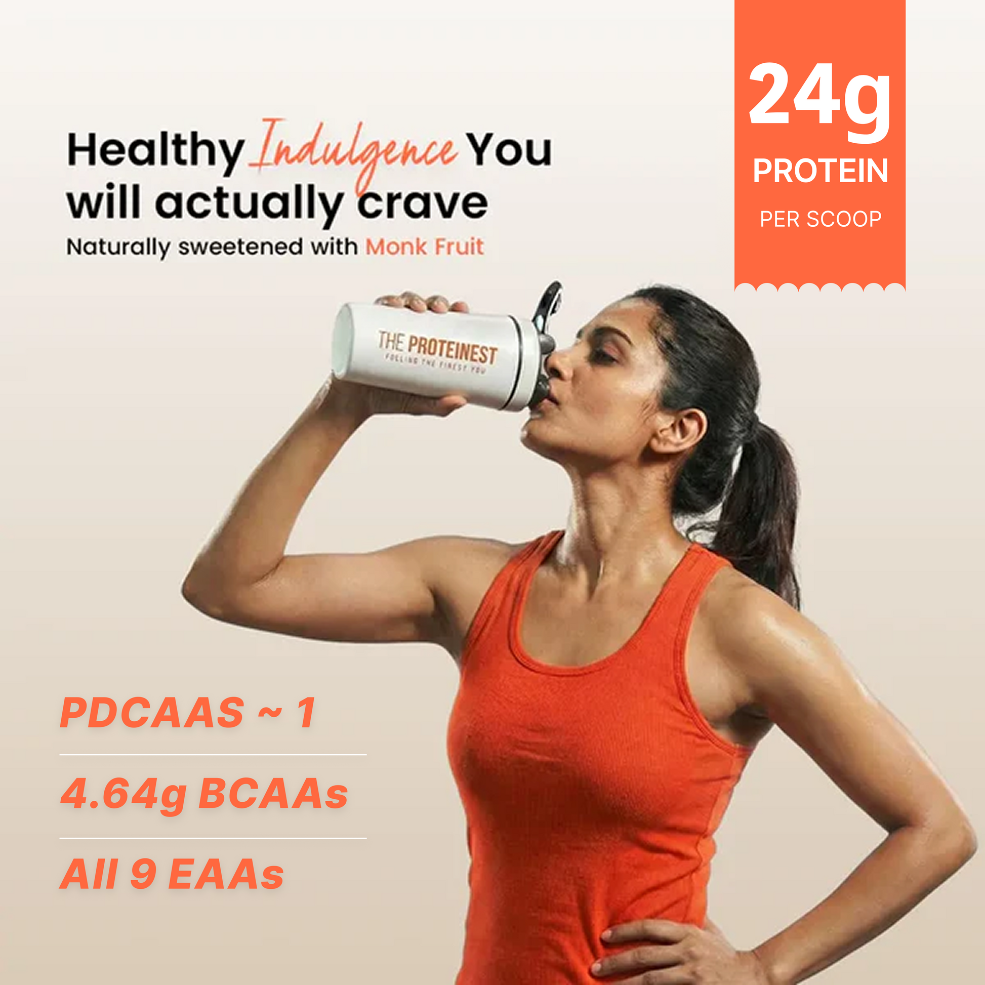 Woman in red tank top drinking a plant protein shake with taste details on a beige background